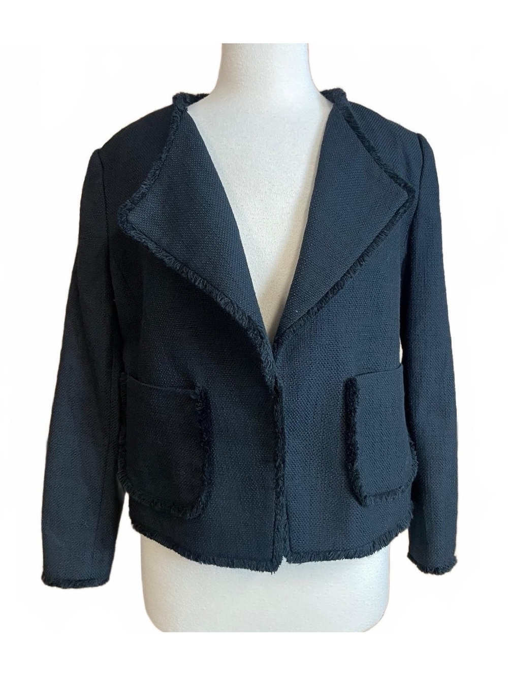 Ann Taylor NWT black textured jacket with fringed detail large